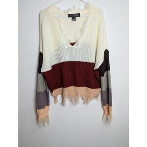 Polly & Esther Striped Color Block Distressed V-Neck Pullover Sweater Size L